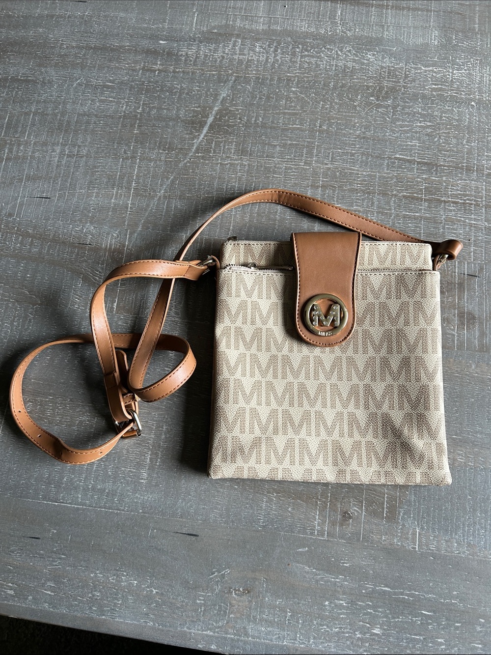 Milan Beige Monogram Crossbody with Tan Faux Leather Trim